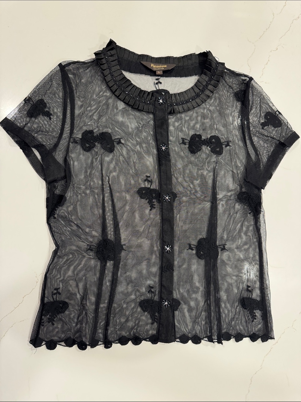 Passion Black Sheer Embroidered Short-Sleeve Blouse